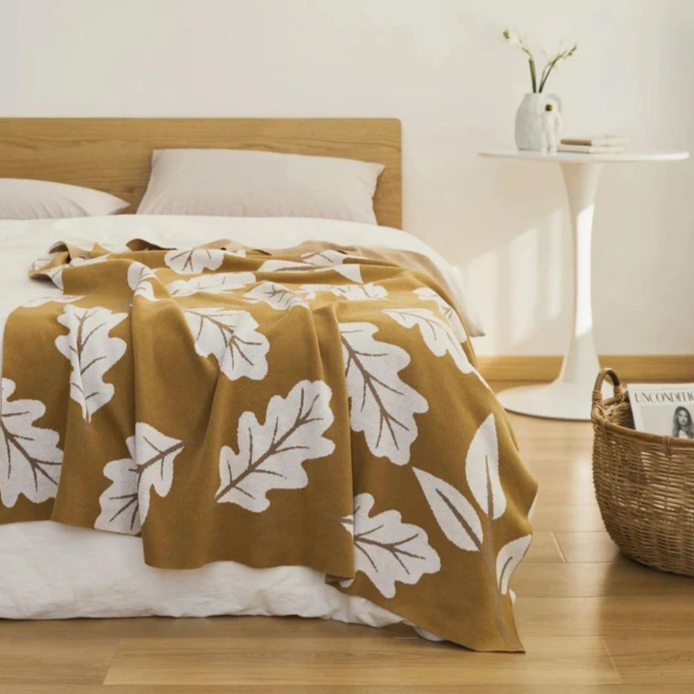 Knitted Cotton Throw with Leaf Pattern 130x160 cm Atmospheric Jacquard Blanket Natural Pattern Living Room Sofa | Sansoti