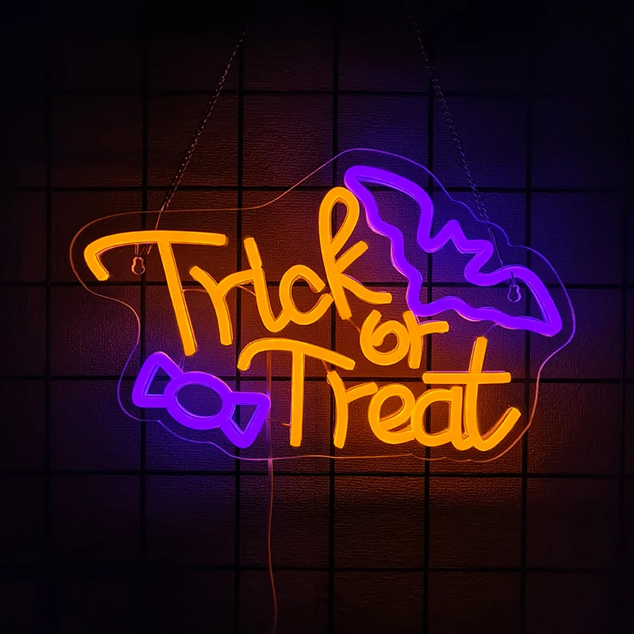 Halloweenowy neon LED z nietoperzami – fioletowo-pomarańczowe oświetlenie ścienne do dekoracji, tworzące świąteczną atmosferę Halloween | Sansoti