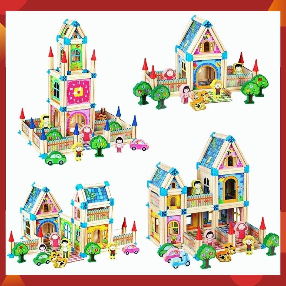 Wooden Dollhouse Building Set, DIY Children's Toy, 268–298 Pieces, Educational Creative Imaginative Play | Sansoti