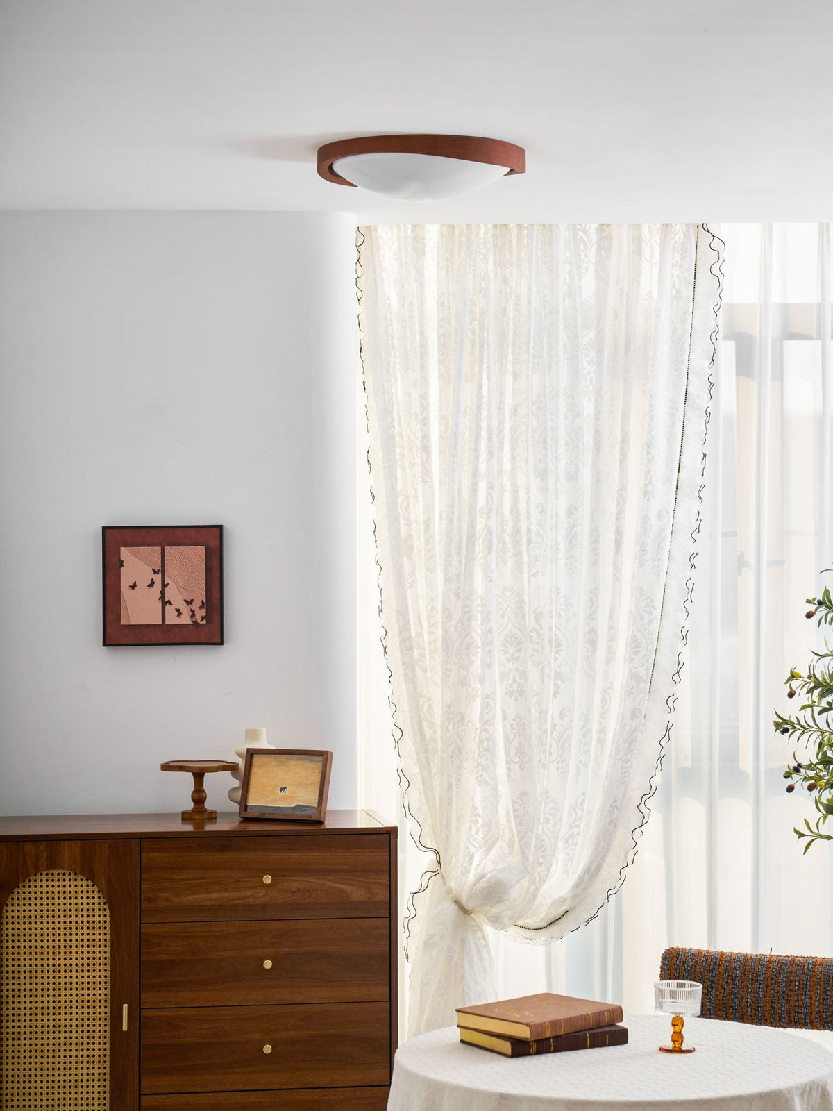 Wooden Ceiling Light with Curved Edge – Scandinavian Design with Walnut Finish & Warm Lighting for Living Room Bedroom | Sansoti