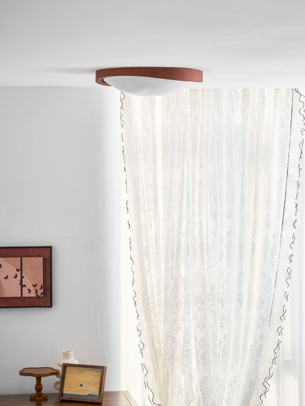 Wooden Ceiling Light with Curved Edge – Scandinavian Design with Walnut Finish & Warm Lighting for Living Room Bedroom | Sansoti