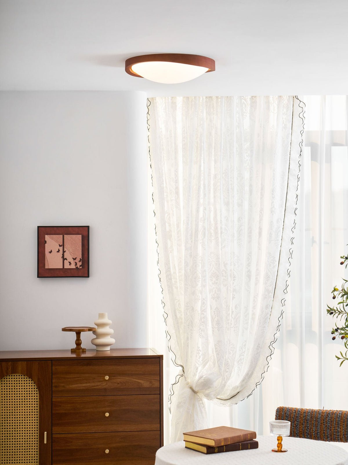 Wooden Ceiling Light with Curved Edge – Scandinavian Design with Walnut Finish & Warm Lighting for Living Room Bedroom | Sansoti