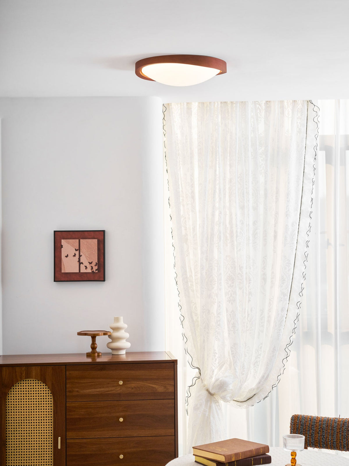 Wooden Ceiling Light with Curved Edge – Scandinavian Design with Walnut Finish & Warm Lighting for Living Room Bedroom | Sansoti