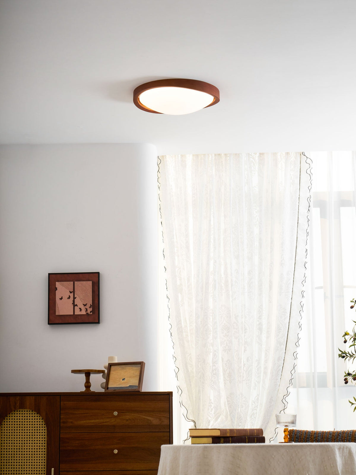 Wooden Ceiling Light with Curved Edge – Scandinavian Design with Walnut Finish & Warm Lighting for Living Room Bedroom | Sansoti