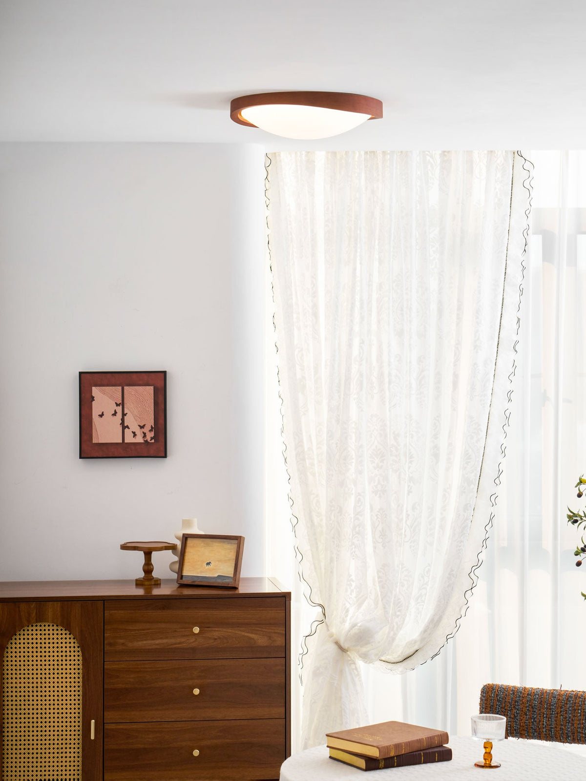 Wooden Ceiling Light with Curved Edge – Scandinavian Design with Walnut Finish & Warm Lighting for Living Room Bedroom | Sansoti