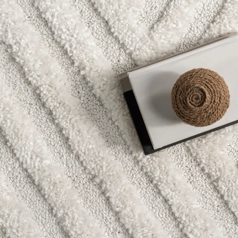 Japandi Hochflor-Teppich geometrisch Fransen creme Polypropylen Wohnzimmer Schlafzimmer | Sansoti