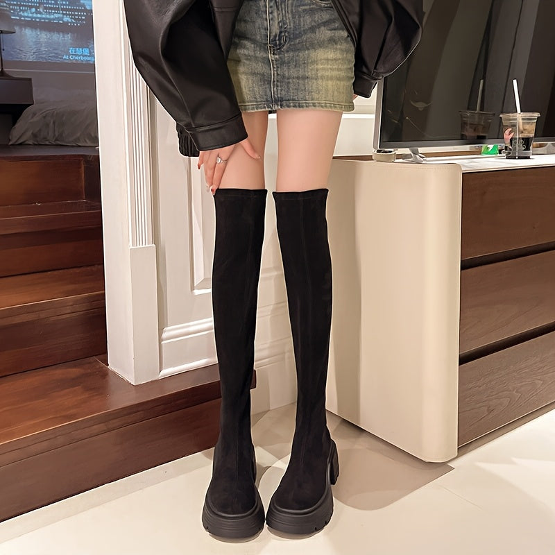 Over-de-knie laarzen dames hoge hak winter ronde neus leer suède klassiek elegant warm comfortabel lange schacht | Sansoti