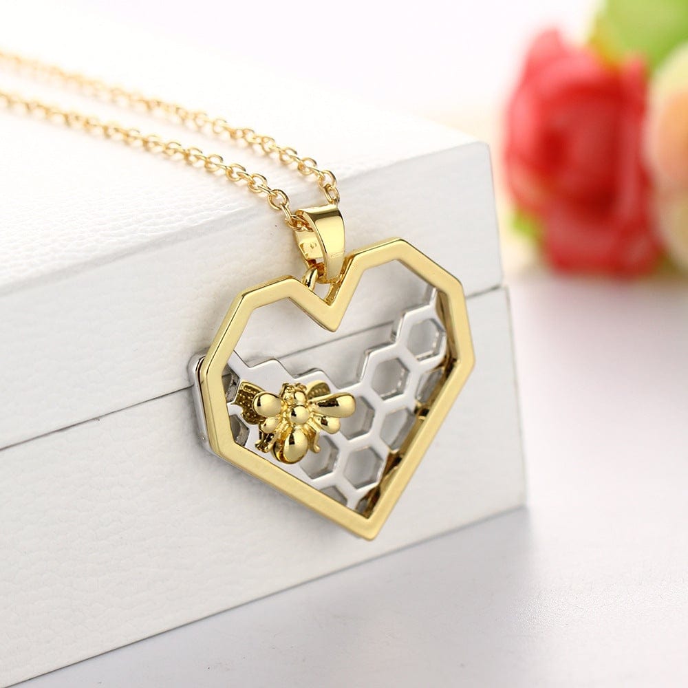 Hartvormige Honingraat Ketting met Vergulde Bij en Zilver voor Dames Cadeauidee Moederdag Verjaardag | Sansoti