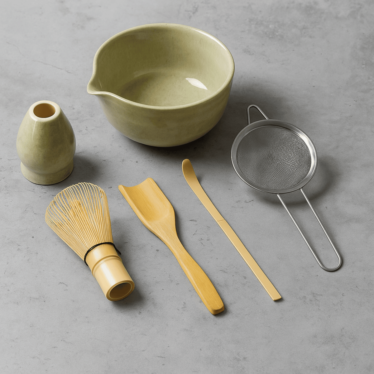 Matcha Tea Set 6-Piece Ceramic Bamboo Whisk Bowl Spoon Strainer Traditional Japanese Ceremony Ritual | Sansoti