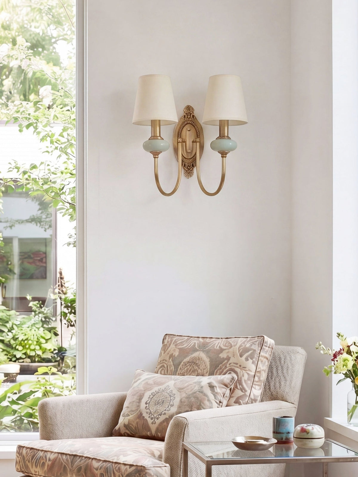 Ceramiczny kinkiet z materiałowym kloszem – 1 lub 2 źródła światła – E27 – różne kolory i style | Sansoti