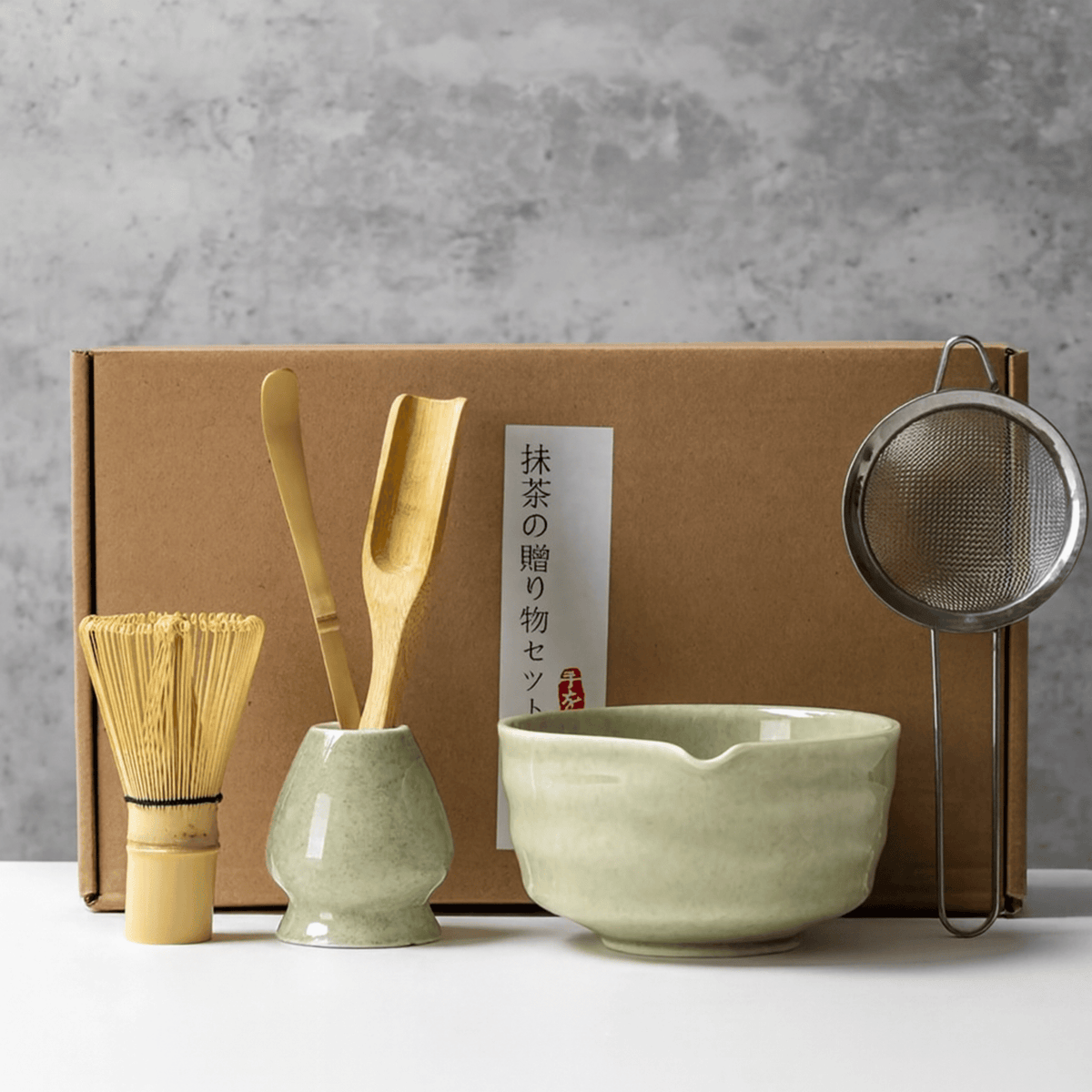 Matcha Tea Set 6-Piece Ceramic Bamboo Whisk Bowl Spoon Strainer Traditional Japanese Ceremony Ritual | Sansoti