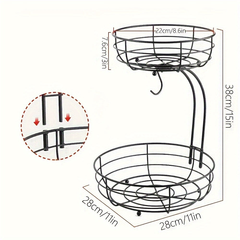 2-tier fruit basket with metal banana holder for kitchen, countertop, and storage | Sansoti