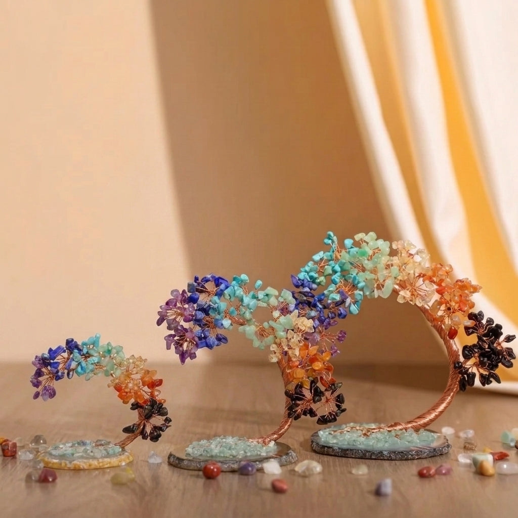 Decorative Tree of Life Ornament with Gemstone Leaves, Copper-Colored Wire, Elegant Agate Base, Living Room | Sansoti