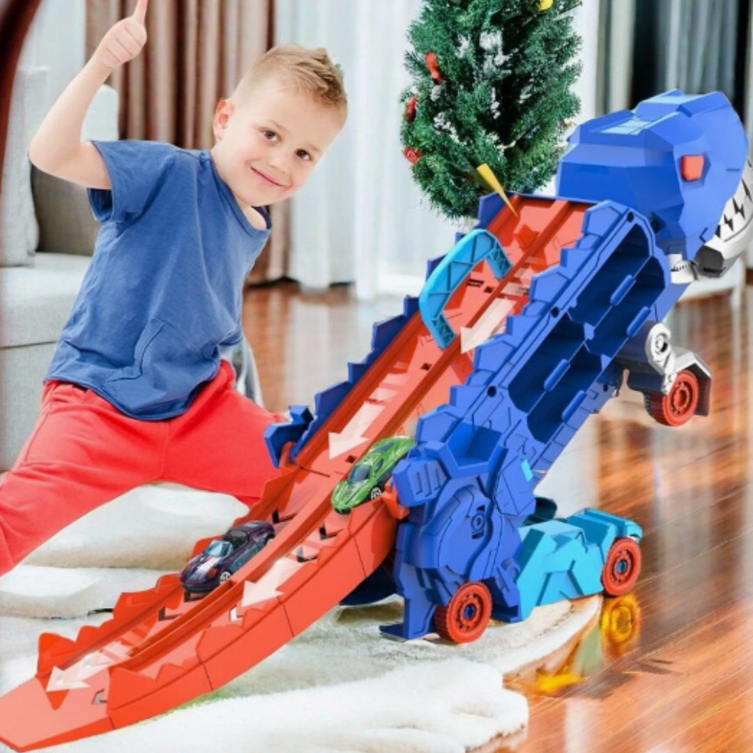 3-in-1-Spielzeugtruck mit T-Rex-Transporter für Kinder – Rennstrecke, Autoaufbewahrung, Dino-Spielset, pädagogisch | Sansoti