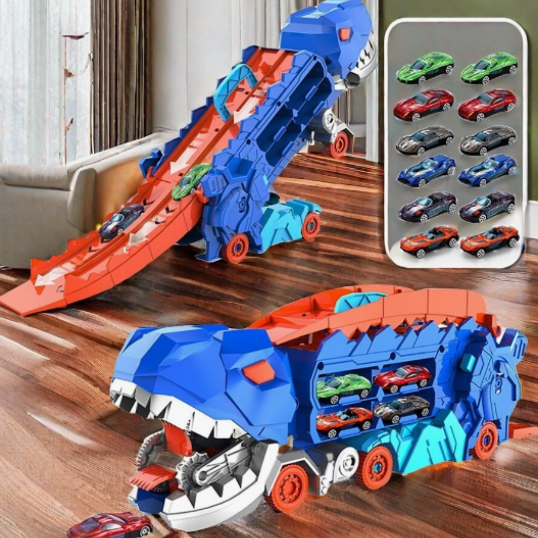 3-in-1-Spielzeugtruck mit T-Rex-Transporter für Kinder – Rennstrecke, Autoaufbewahrung, Dino-Spielset, pädagogisch | Sansoti