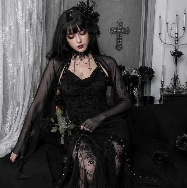 Gazen Crop Top met Vleermuismouwen Gothic Heks Feestkleding Zwart Mesh Bovenkleding Alternatieve Mode Vrouwen | Sansoti