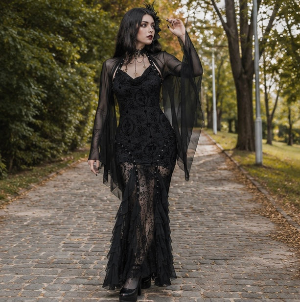Gazen Crop Top met Vleermuismouwen Gothic Heks Feestkleding Zwart Mesh Bovenkleding Alternatieve Mode Vrouwen | Sansoti