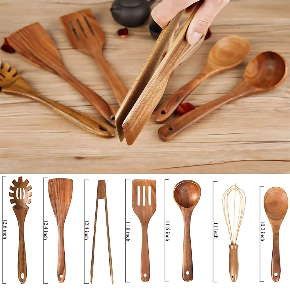 Kitchen Utensil Set of 7 Pieces Beech Wood Durable Heat-Resistant Non-Stick Cookware | Sansoti