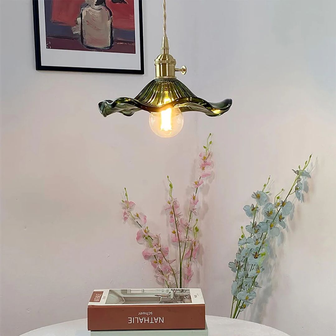 Hanglamp Glas E27 23cm Groen Messing Bloemvorm Eettafel Slaapkamer Retro Verlichting Vintage Hanglamp | Sansoti