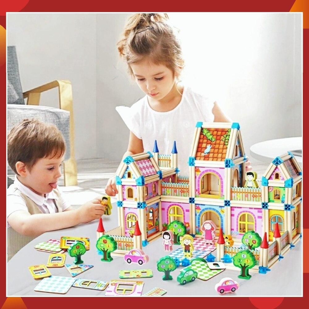 Wooden Dollhouse Building Set, DIY Children's Toy, 268–298 Pieces, Educational Creative Imaginative Play | Sansoti