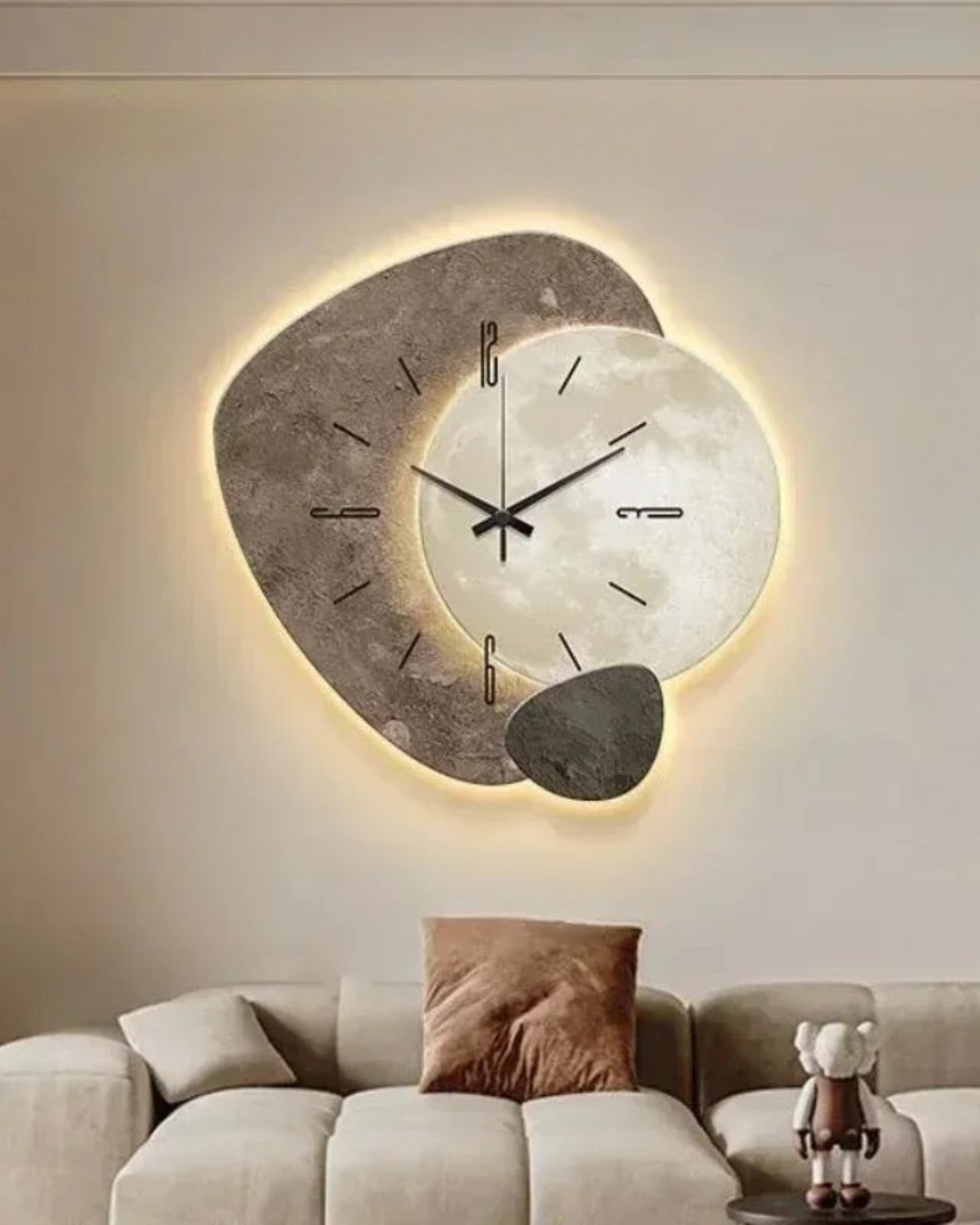 Wall Clock with Moon Relief and Optional Lighting Black Gold Concrete Look Scandinavian Interior Decorative Time Display Living Room Bedroom Office Modern Minimalist Wall Decoration | Sansoti