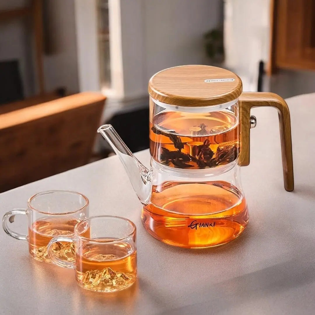 Glasteekanne Magnetischer Filter Borosilikat Holzgriff 740ml Loser Tee | Sansoti