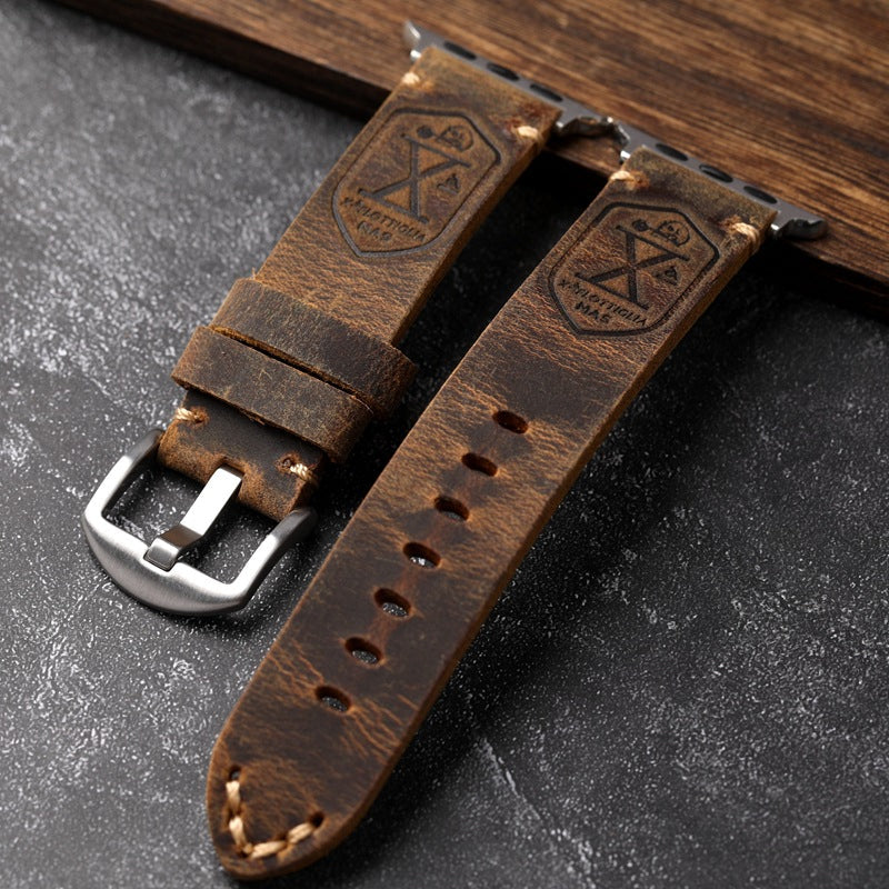 Vintage Leder-Uhrenarmband für Apple Watch mit handgenähten Nähten und vollnarbigem Lederfinish | verstellbares Armband 40-49mm für authentischen Retro-Look Patina-Entwicklung | Sansoti