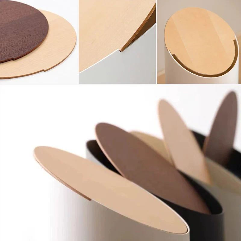 Japandi Afvalbak met Zwenkdeksel – Walnootkleurige Houten Afwerking en Minimalistische Vormgeving – 9L Zwenkafvalbak voor Badkamer en Kantoor | Sansoti