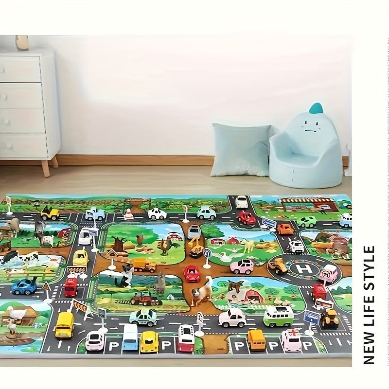 Spielteppich Kinder 100x130cm Bauernhof Straßen Rutschfest Spielmatte Spielzeugautos Tiere Verkehrsdecke Kinderzimmer Teppich | Sansoti