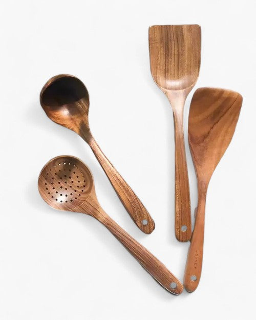 Teakholz Küchenutensilien Set | Nachhaltiges Holzbesteck für den täglichen Gebrauch | Schonend für Pfannen | Elegantes Küchenaccessoire | Umweltfreundlich | Sansoti