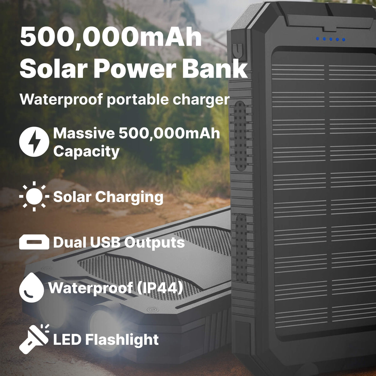 Powerbank à panneau solaire avec capacité de 500 000 mAh, double port USB et boîtier étanche pour extérieur et alimentation d'urgence | Sansoti