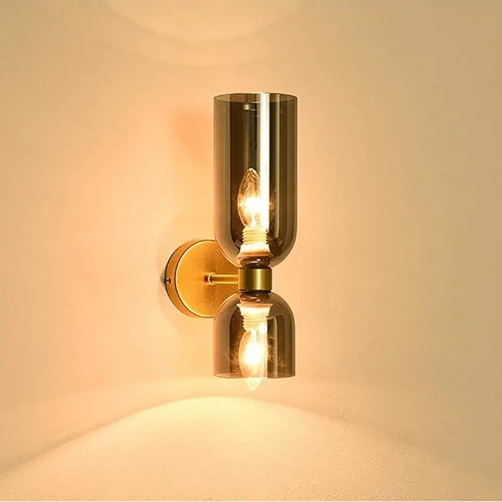 Aplique de vidrio dorado con doble pantalla, 35cm, E14, para recibidor, salón y dormitorio, moderno y elegante | Sansoti