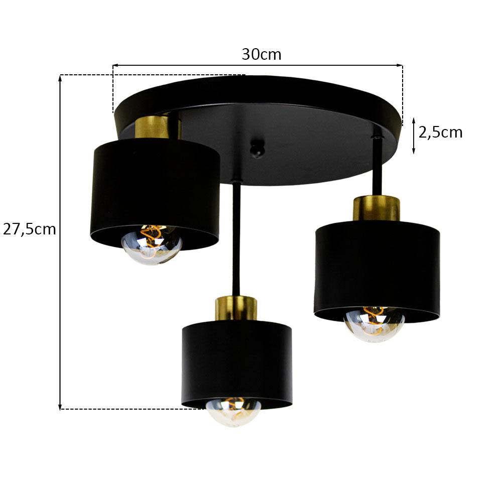 Ceiling Lamp 3 Lights Black Gold Metal E27 Ø30cm Modern Design | Sansoti