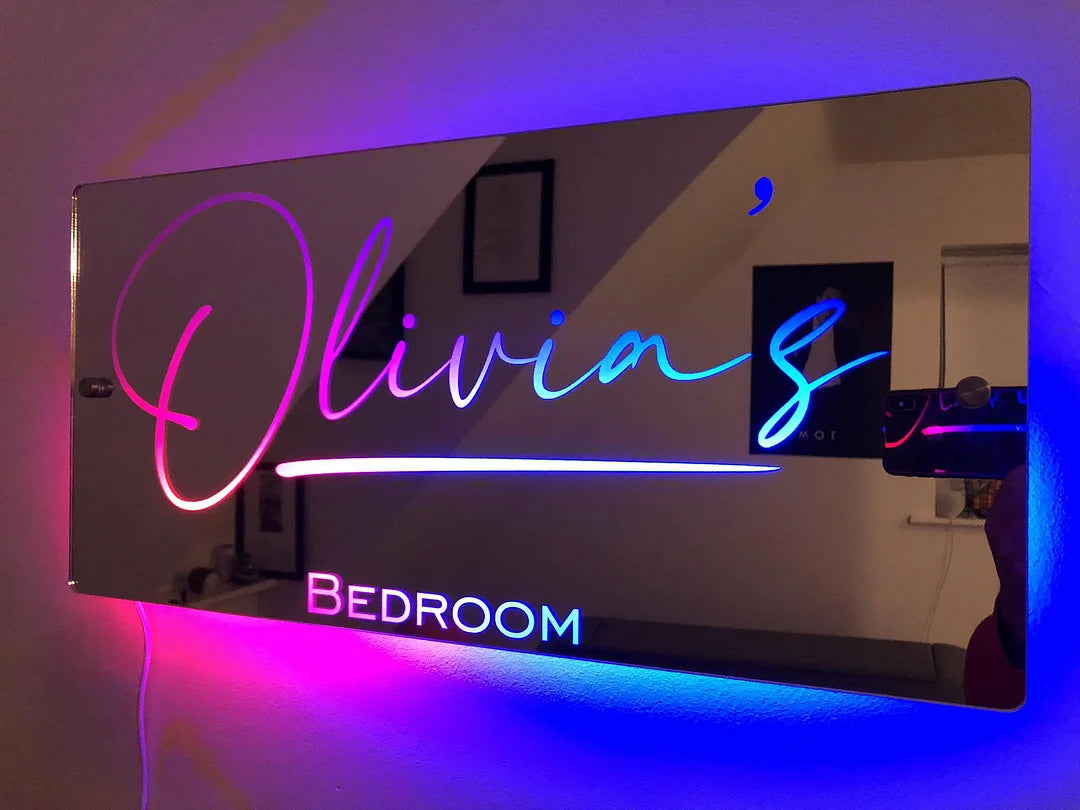 Personalized LED Mirror with Neon Light and Custom Text for Wall Decoration | Sansoti