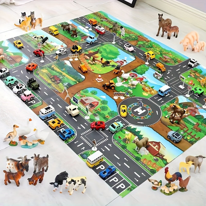 Spielteppich Kinder 100x130cm Bauernhof Straßen Rutschfest Spielmatte Spielzeugautos Tiere Verkehrsdecke Kinderzimmer Teppich | Sansoti