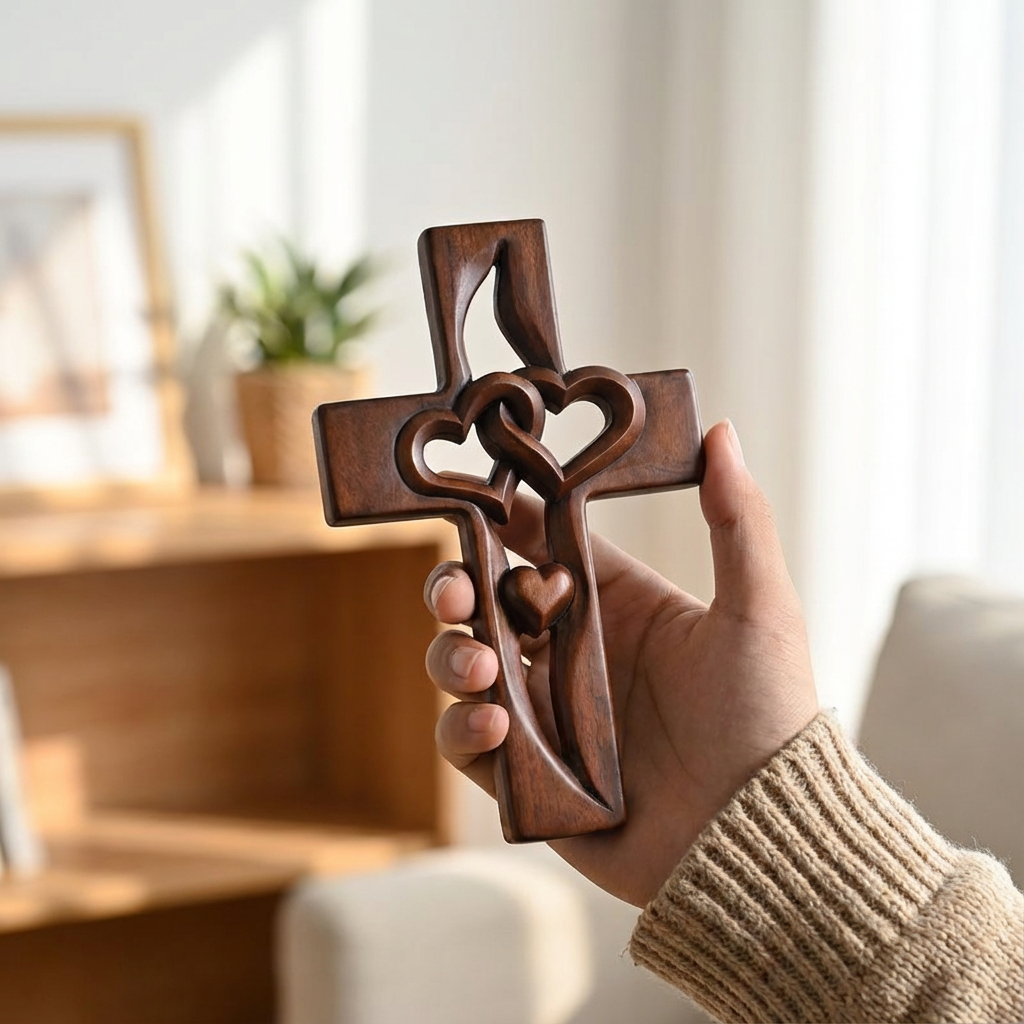 Heart-Shaped Cross Wall Decoration Wood – Handmade Religious Wall Ornament with Intertwined Hearts – Faith & Love Symbol for Entrance, Bedroom, Living Room | Sansoti