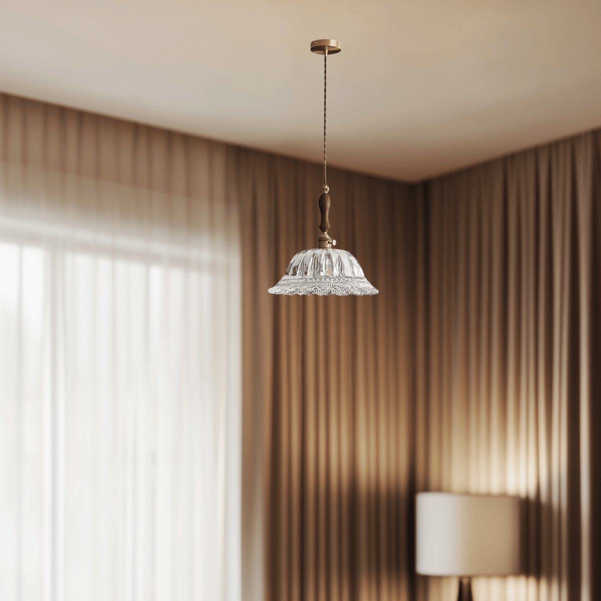 Walnut Wood Pendant Light with Glass and Brass Ambient Lighting for Dining Room Kitchen Living Room Vintage Retro Style | Sansoti