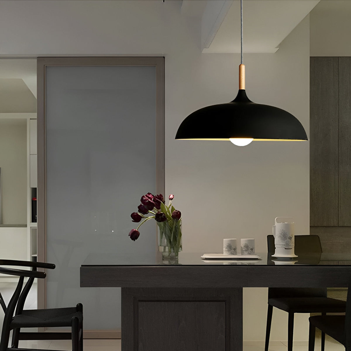 Lámpara colgante de madera y hierro, estilo escandinavo Japandi, redonda, E27, Ø35 Ø60, comedor, cocina | Sansoti