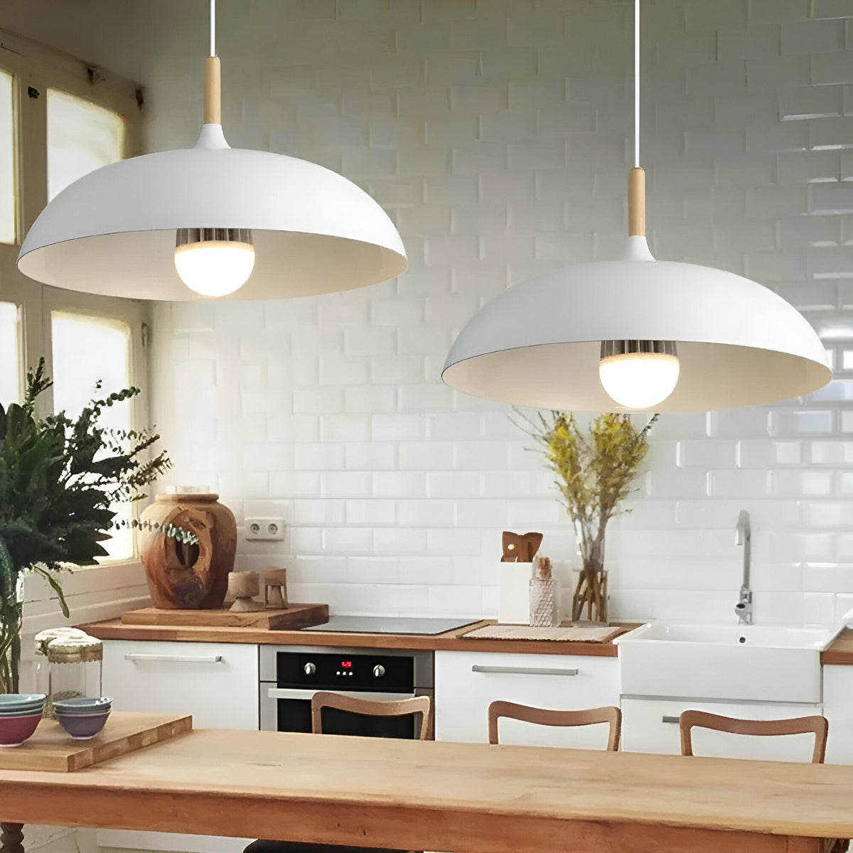 Lámpara colgante de madera y hierro, estilo escandinavo Japandi, redonda, E27, Ø35 Ø60, comedor, cocina | Sansoti