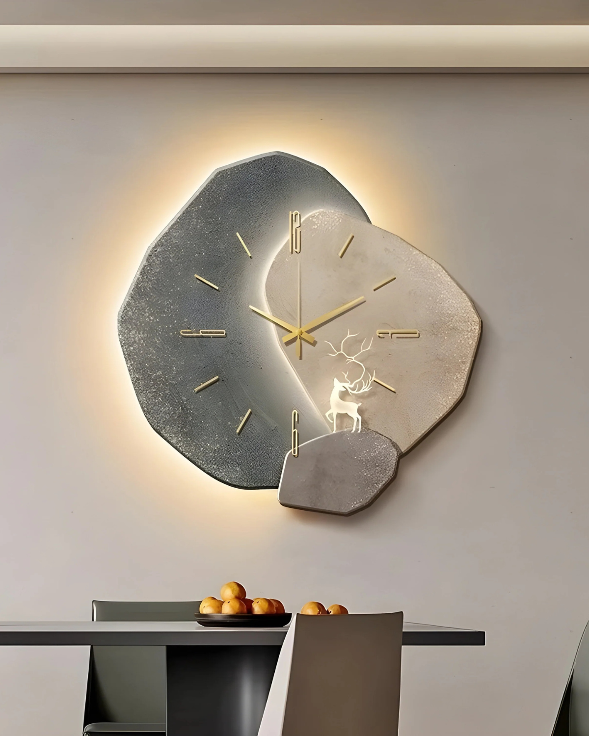Wall Clock with Moon Relief and Optional Lighting Black Gold Concrete Look Scandinavian Interior Decorative Time Display Living Room Bedroom Office Modern Minimalist Wall Decoration | Sansoti