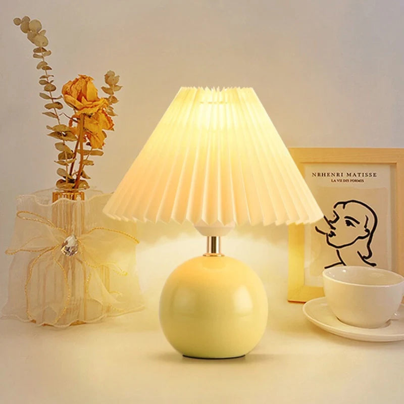 Ceramic Table Lamp with Pleated Shade – Japanese Style Lighting White Pink Beige for Bedroom Living Room Office | Sansoti
