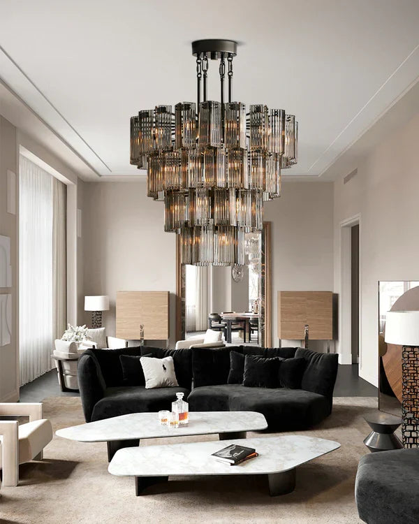 Ronde Kroonluchter Geribbeld Glas Stalen Frame 38-60cm Hanglamp Meerlichts Eetkamer Trap Balzaal Woonkamer | Sansoti
