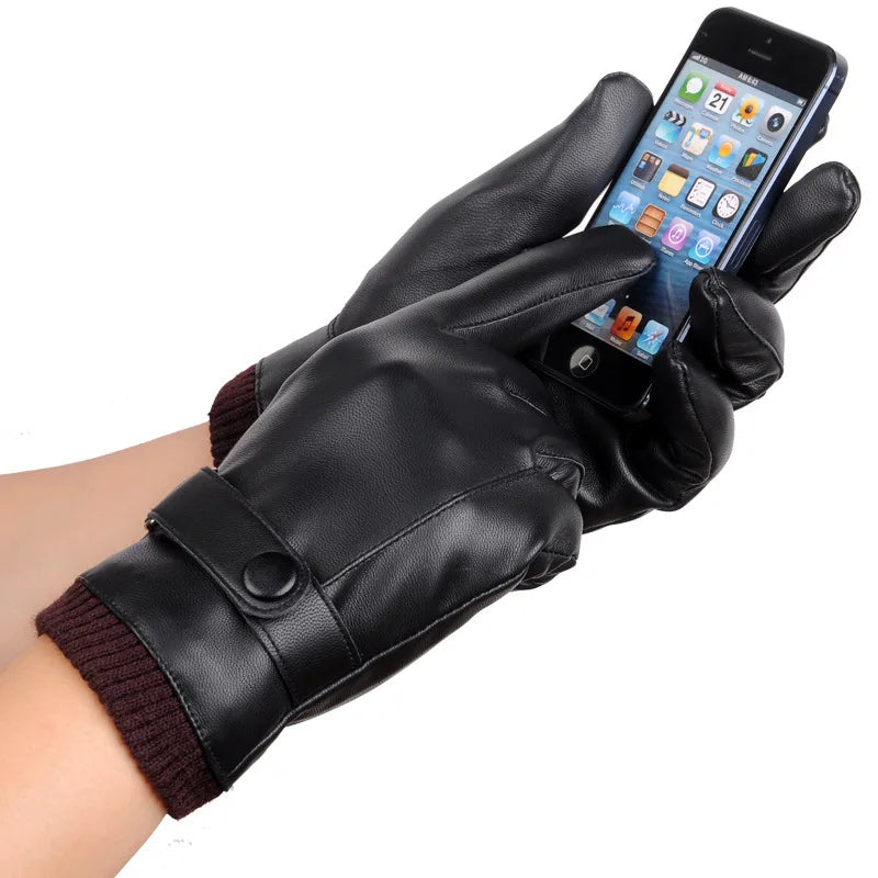 Touchscreen Leather Gloves for Men Winter Synthetic Leather Windproof Warm Driving Cycling Gloves | Sansoti