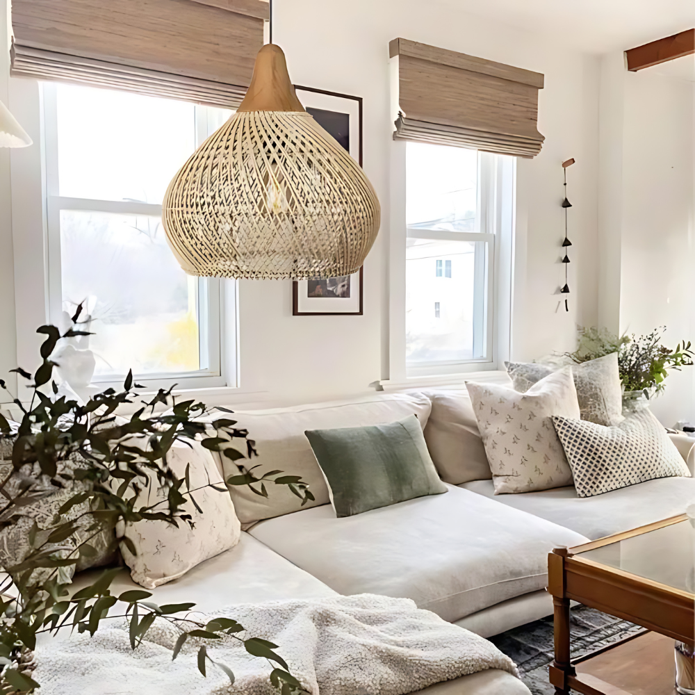 Lampa wisząca z rattanu, boho, naturalna, Ø40 Ø50 Ø60, czarna lub naturalna, LED | Sansoti