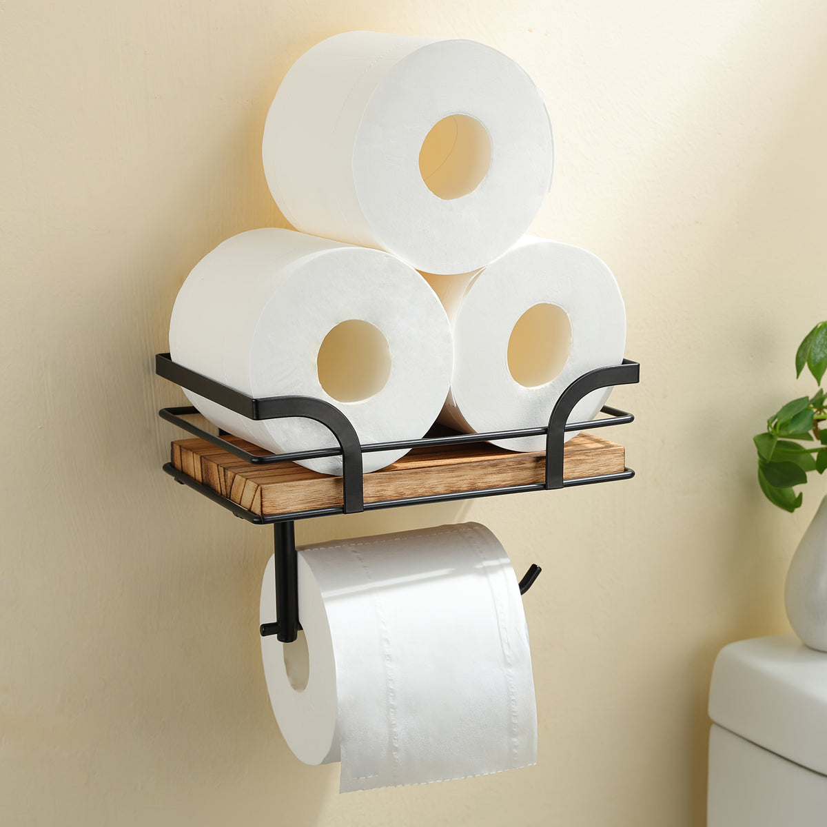 Wandplank Badkamer Smeedijzer Hout met Toiletrolhouder 20cm Zwart Toilet Opberger Wc Rek Muurplank | Sansoti