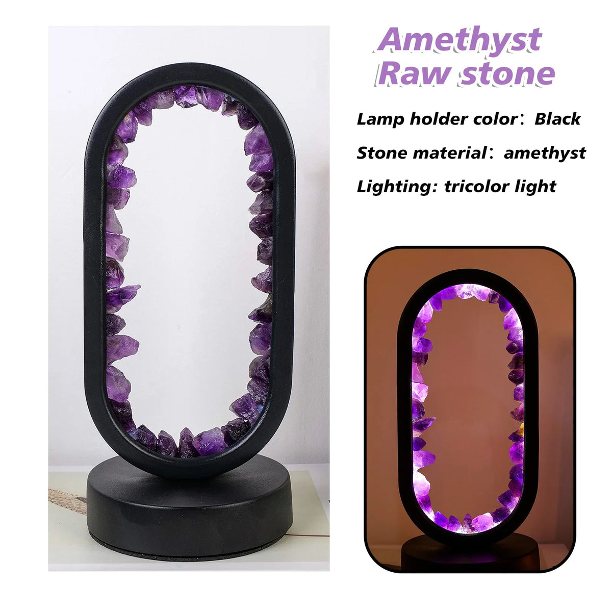 Table Lamp Amethyst Handmade Natural Crystal LED E14 Purple Pink Atmosphere Bedroom Meditation Yoga Relaxing Decoration Inner Peace | Sansoti