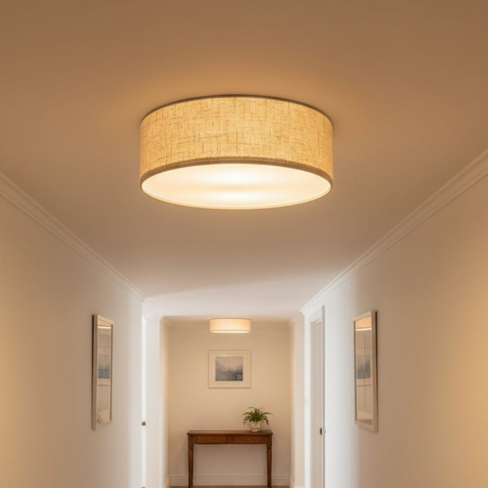 Deckenleuchte aus Leinen mit Trommelschirm, modernes Design, E27-Fassung, skandinavischer Stil, Schlafzimmer, Wohnzimmer | Sansoti