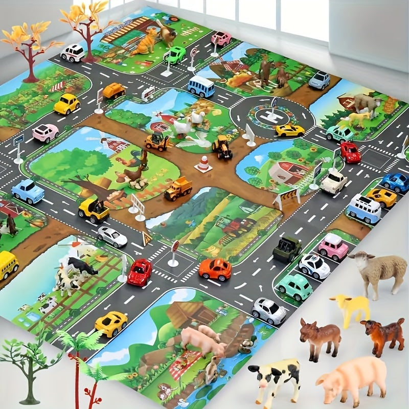 Play Mat Children 100x130cm Farm Roads Non-Slip Playmat Toy Cars Animals Traffic Mat Kids Room Rug | Sansoti