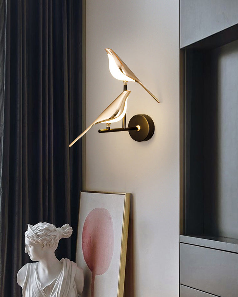 Aplique de pared con pájaro de metal dorado y negro, LED blanco cálido, decorativo para dormitorio y recibidor | Sansoti