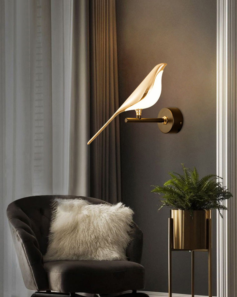 Aplique de pared con pájaro de metal dorado y negro, LED blanco cálido, decorativo para dormitorio y recibidor | Sansoti